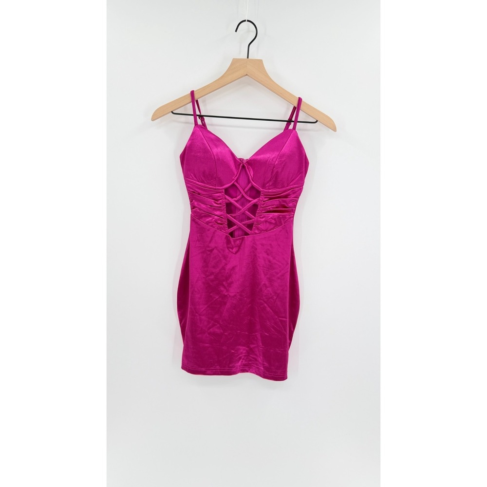 NWT Windsor Mini Bodycon Dress Sz S Lace Up Front Fuchsia Pink Satin Glam Hoco